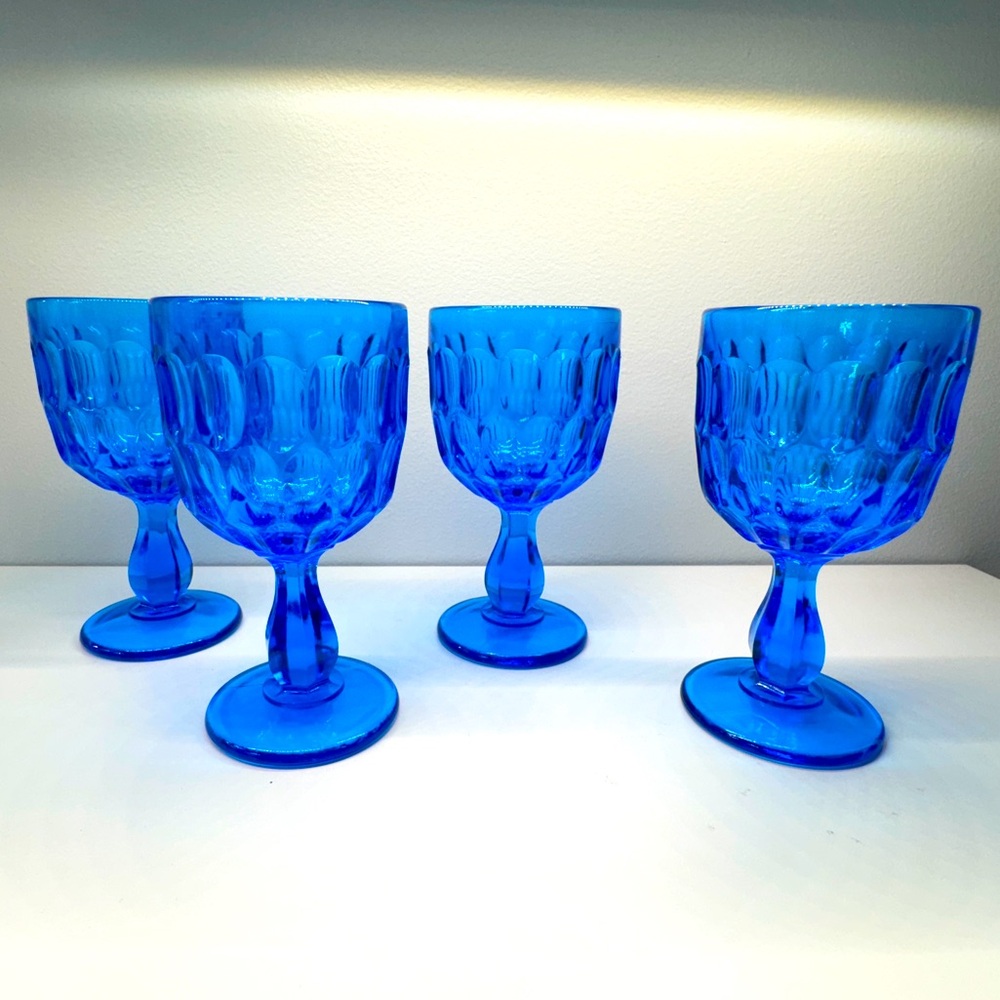 4x Fenton Colonial Blue Thumbprint 4 oz. Wine Juice Water Glasses Goblet 5" Tall
